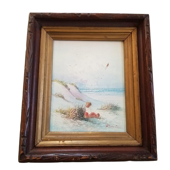 Vintage Painting Child On Beach in Antique Wood Frame w/Glass - Picture 1 of 9